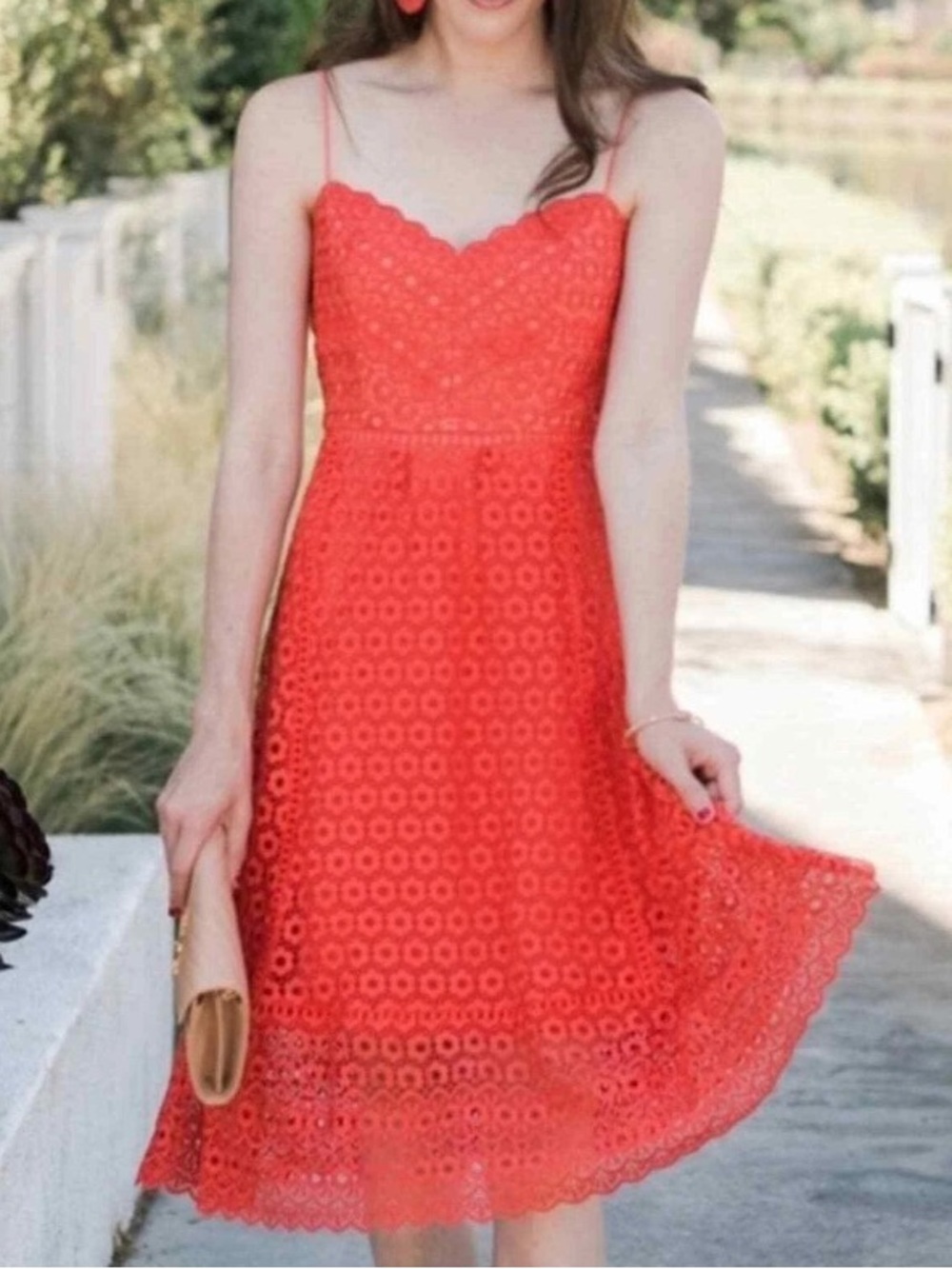 J.Crew Coral Orange Lace Eyelet Mini Dress Spaghetti Straps Scalloped Hem Size 0
